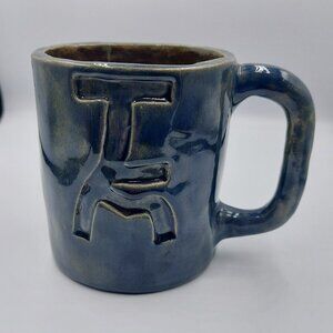 Unique Studio Art Pottery Mug Blue Glaze w/Design
